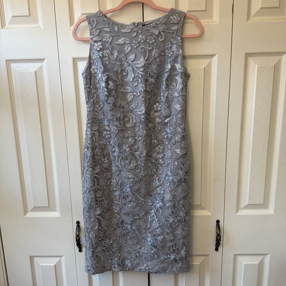 Lauren Ralph Lauren Sequin Floral Mesh Sleeveless Dress Womens Size 2 Silver